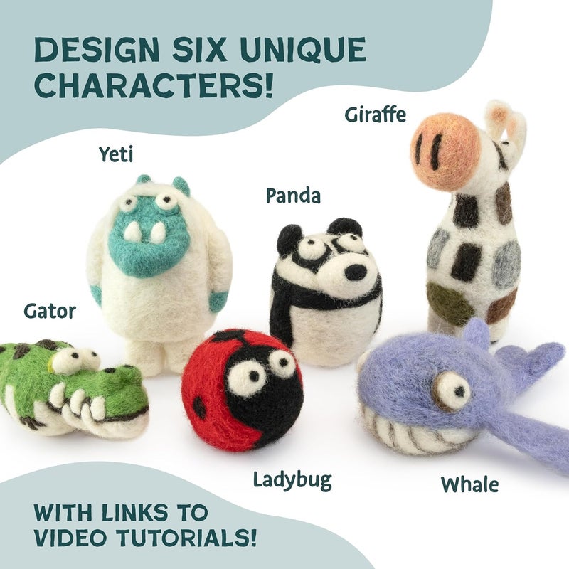 Woolbuddy Needle Felting Starter Kit –Make 6 Cute Characters(Yeti, Giraffe, Panda, Ladybug, Whale, Gator) – Complete Kit for Beginners & Adults with Wool Roving,Felting Needles,Pad & Instruction Guide - Image 4